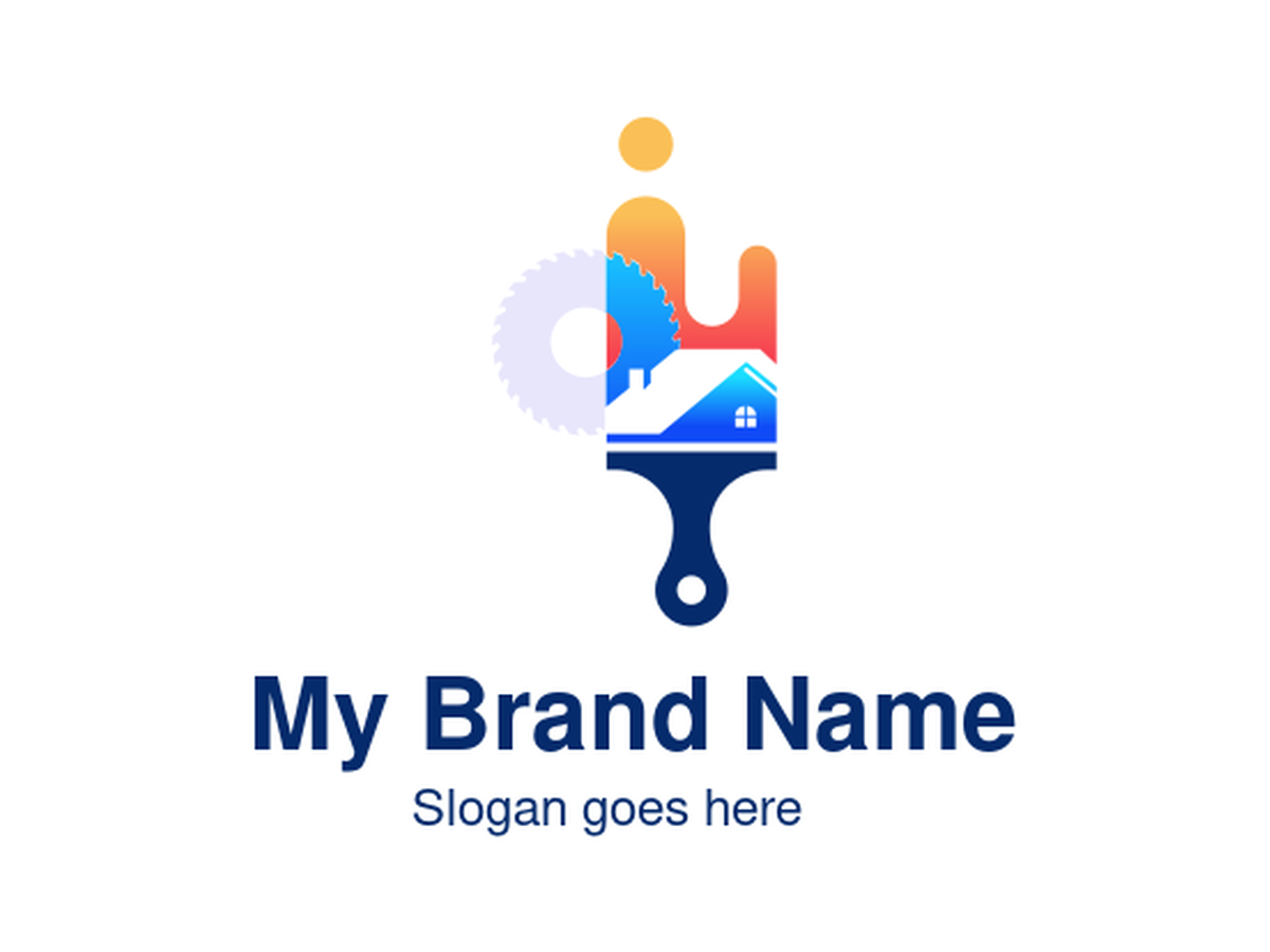 Creative Home Renovation, Painting & Carpentry Logo Featuring Paintbrush, Circular Saw, and House with Gradient Colors